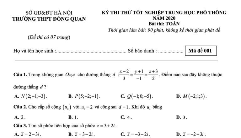 Đề thi thử tốt nghiệp THPT 2020 môn Toán trường THPT Đồng Quan – Hà Nội