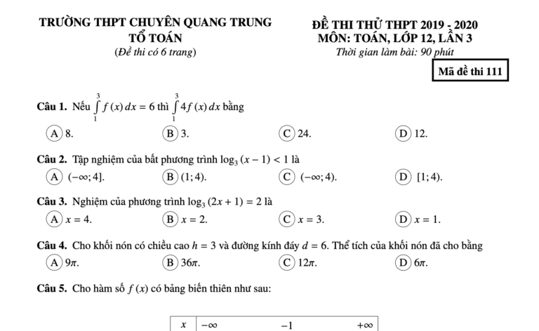 Đề thi thử – đáp án THPT 2020 môn Toán lần 3 trường chuyên Quang Trung – Bình Phước