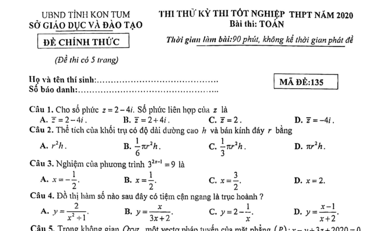 Đề thi thử tốt nghiệp THPT năm 2020 môn Toán sở GD&ĐT tỉnh Kon Tum