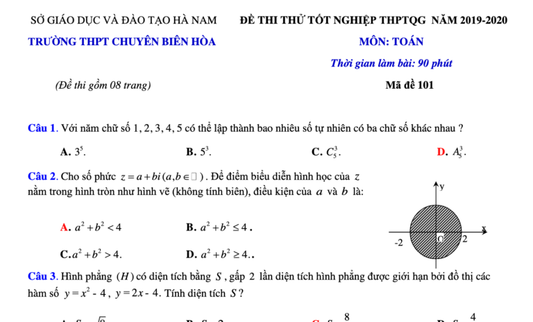 Đề thi thử tốt nghiệp THPT 2020 lần 2 môn Toán trường chuyên Biên Hòa – Hà Nam