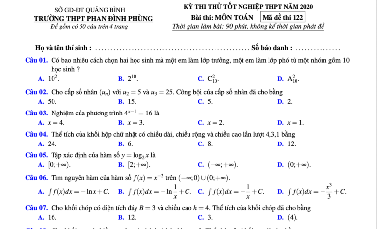 Đề thi thử tốt nghiệp THPT 2020 môn Toán trường Phan Đình Phùng – Quảng Bình