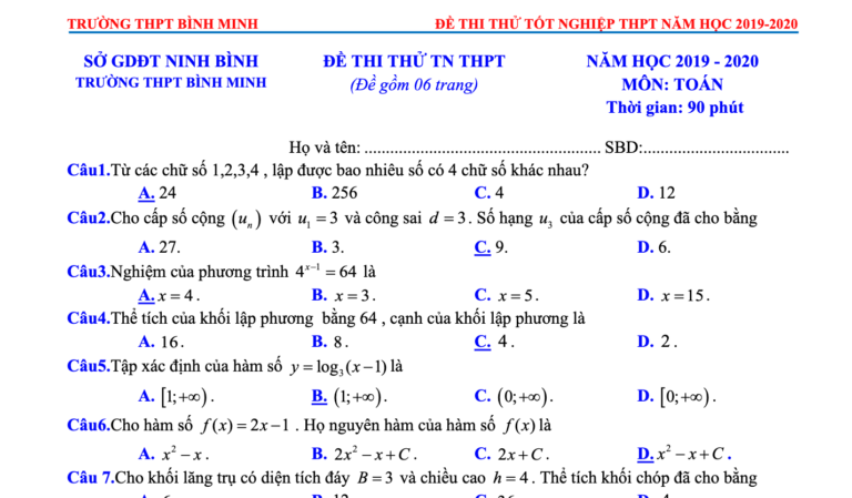 Bộ đề – lời giải chi tiết ôn thi tốt nghiệp THPT 2020 môn Toán sở GD&ĐT tỉnh Ninh Bình