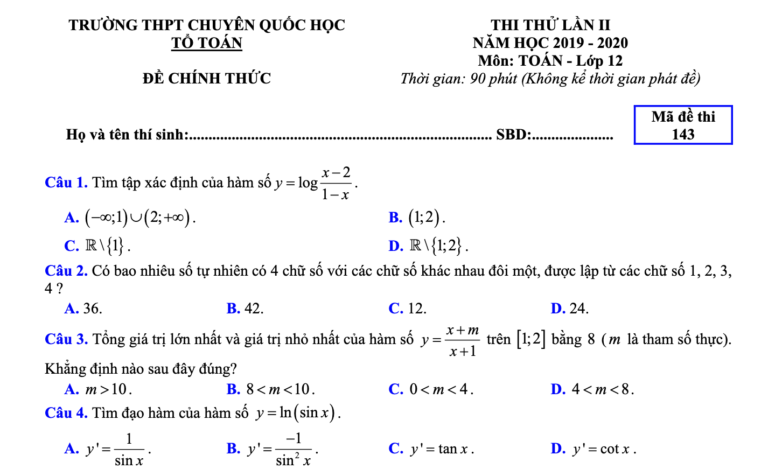 Đề thi thử tốt nghiệp THPT 2020 môn Toán lần 2 trường chuyên Quốc học Huế