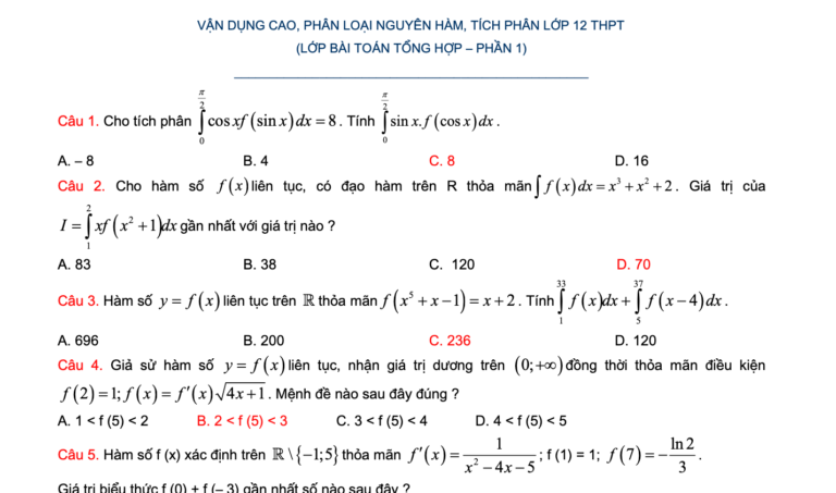 Hệ thống bài tập trắc nghiệm vận dụng cao, phân loại nguyên hàm, tích phân