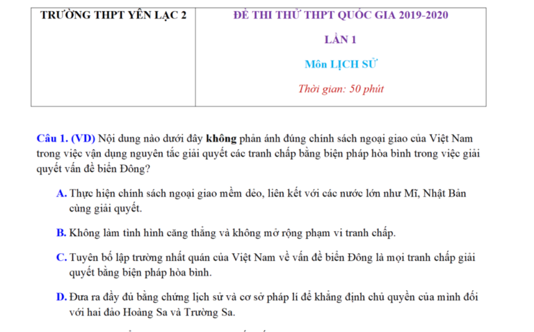 Đề Thi Thử THPT Quốc Gia Lịch Sử 2019-2020 Trường Yên Lạc 2 Lần 1 Có Đáp Án