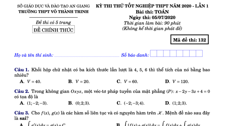 Đề thi thử – lời giải chi tiết tốt nghiệp THPT 2020 lần 1 môn Toán trường THPT Võ Thành Trinh – An Giang