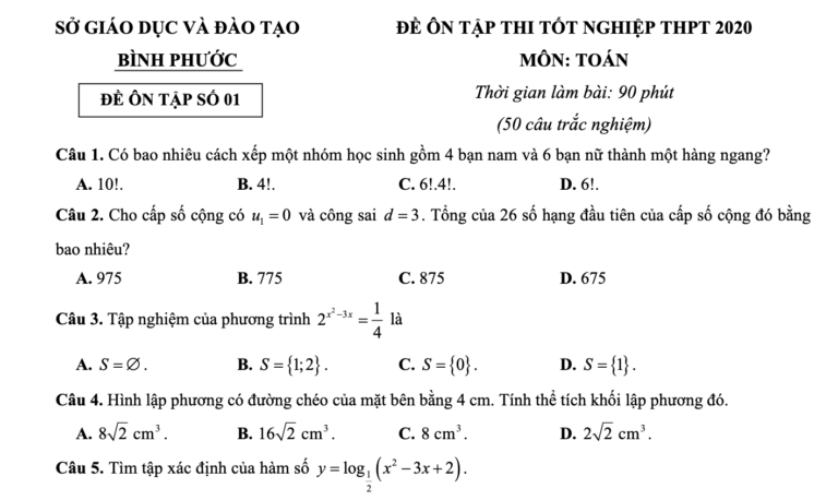 Bộ đề ôn tập – lời giải chi tiết thi tốt nghiệp THPT 2020 môn Toán sở GD&ĐT Bình Phước