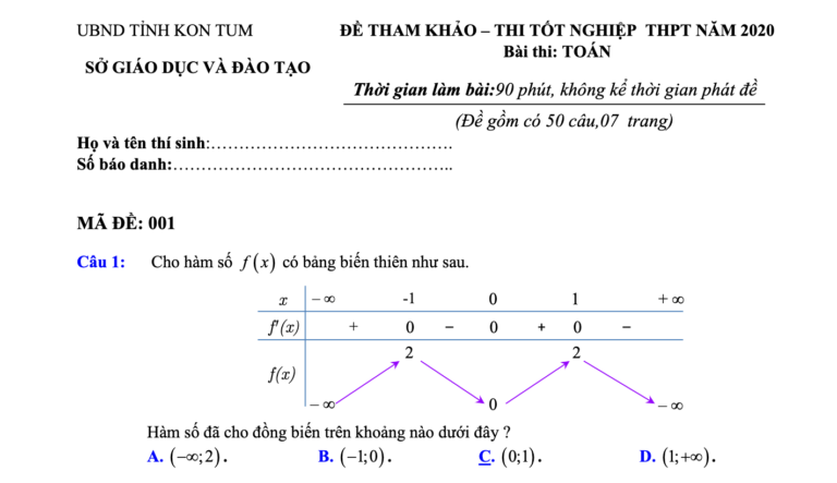 Bộ đề tham khảo thi tốt nghiệp THPT năm 2020 môn Toán sở GD&ĐT Kon Tum