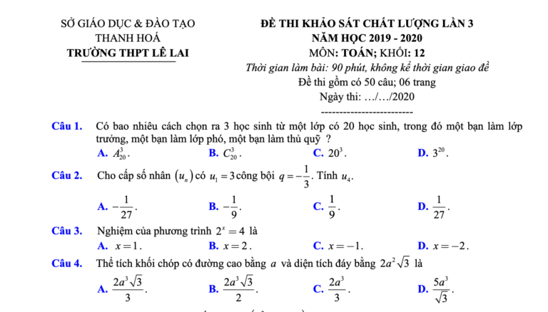 Đề khảo sát Toán 12 lần 3 năm 2019 – 2020 trường THPT Lê Lai – Thanh Hóa