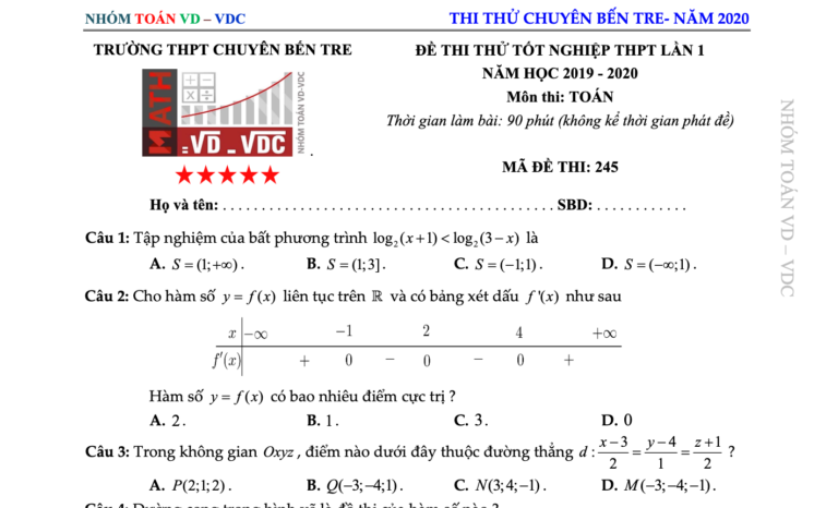 Đề thi thử tốt nghiệp THPT 2020 môn Toán lần 1 trường THPT chuyên Bến Tre