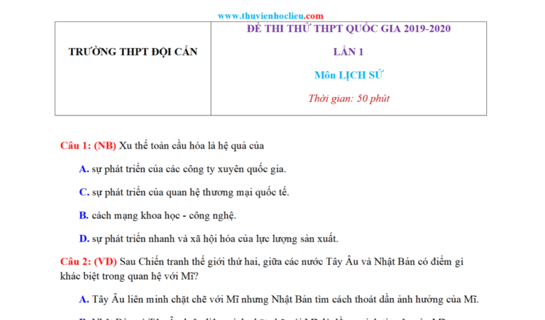 Đề Thi Thử THPT Quốc Gia Lịch Sử 2020 Trường Đội Cấn Lần 1 Có Đáp Án