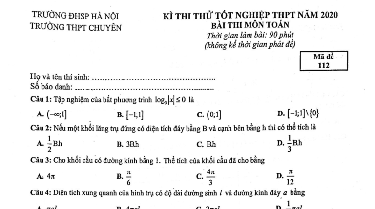 Đề thi thử tốt nghiệp THPT 2020 môn Toán trường THPT chuyên ĐHSP Hà Nội