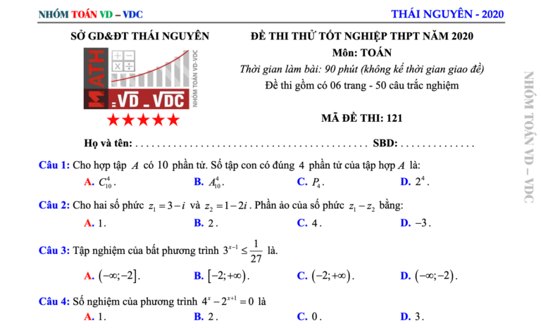 Đề thi thử tốt nghiệp THPT năm 2020 môn Toán sở GD&ĐT tỉnh Thái Nguyên