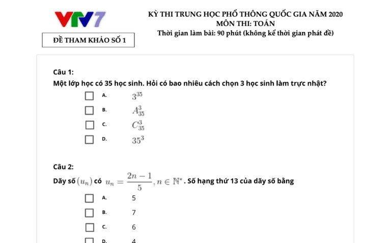 Đề thi thử – lời giải chi tiết TN THPT 2020 môn Toán kênh truyền hình Giáo dục Quốc gia VTV7 (Đề 1)