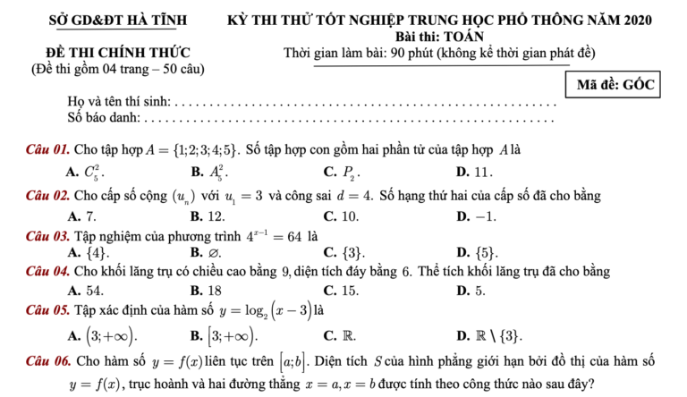 Đề thi thử – lời giải chi tiết tốt nghiệp THPT năm 2020 môn Toán lần 2 sở GD&ĐT Hà Tĩnh