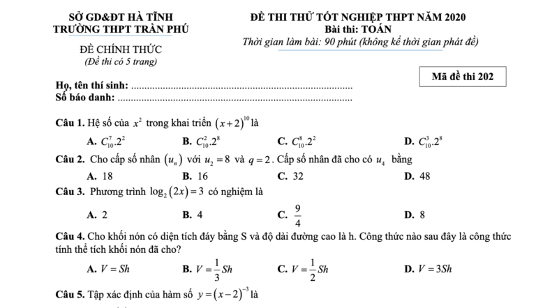 Đề thi thử – lời giải chi tiết tốt nghiệp THPT 2020 môn Toán trường THPT Trần Phú – Hà Tĩnh