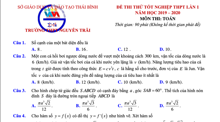 Đề thi thử tốt nghiệp THPT 2020 môn Toán lần 1 trường THPT Nguyễn Trãi – Thái Bình