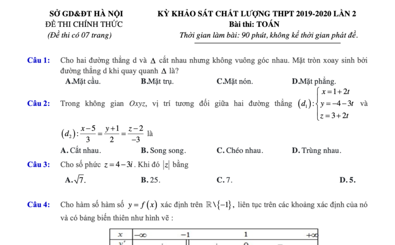 Đề thi thử tốt nghiệp THPT 2020 môn Toán lần 2 sở GD&ĐT Hà Nội