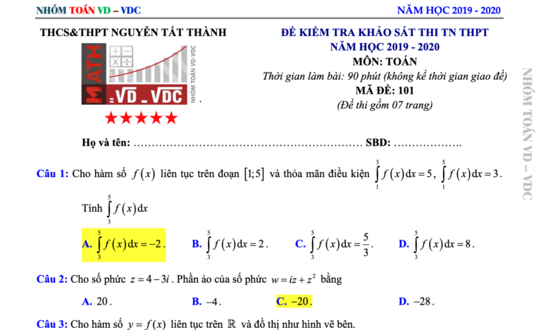 Đề khảo sát thi TN THPT 2020 môn Toán trường Nguyễn Tất Thành – Hà Nội