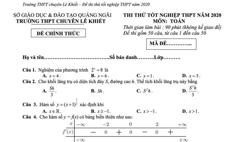 Đề thi thử tốt nghiệp THPT 2020 môn Toán trường THPT chuyên Lê Khiết – Quảng Ngãi