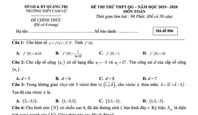 Đề thi thử – lời giải chi tiết THPT QG 2020 môn Toán trường THPT Cam Lộ – Quảng Trị