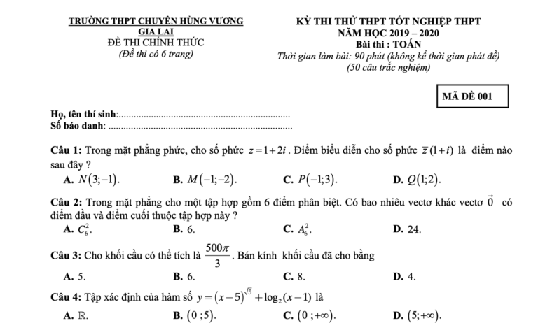 Đề thi thử tốt nghiệp THPT 2020 môn Toán trường THPT chuyên Hùng Vương – Gia Lai