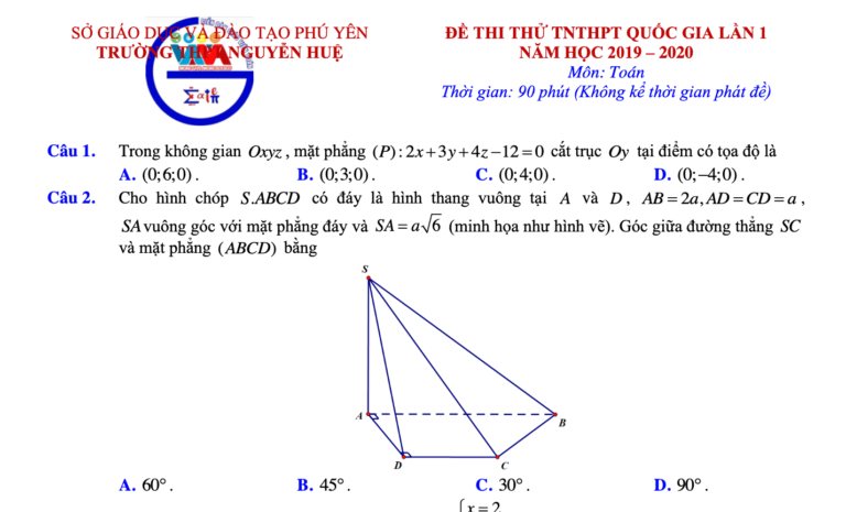 Đề thi thử – lời giải chi tiết tốt nghiệp THPT QG 2020 lần 1 môn Toán trường THPT Nguyễn Huệ – Phú Yên