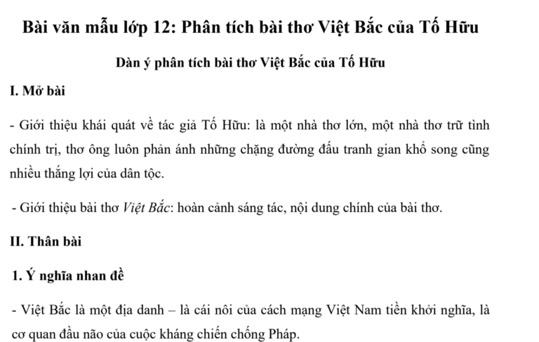 Tuyển tập những bài văn mẫu hay nhất phân tích bài thơ Việt Bắc ôn thi tốt nghiệp THPT