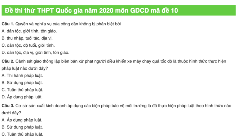 Đề thi thử THPT Quốc gia năm 2020 môn GDCD mã đề 10 (Có đáp án)