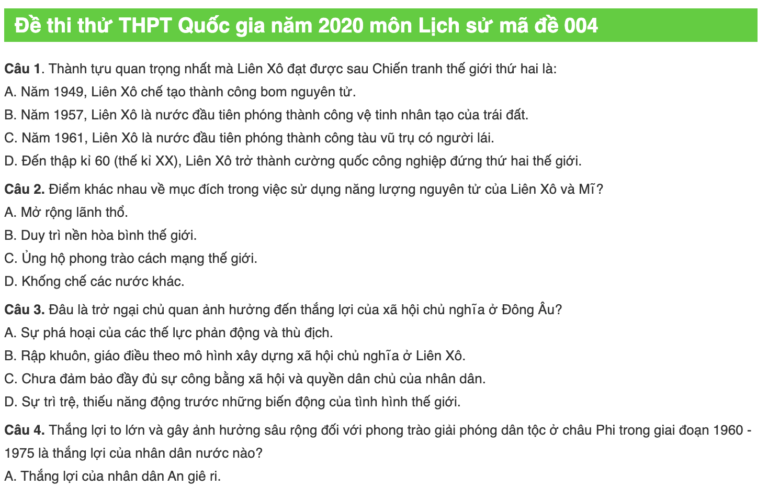 Đề thi thử THPT Quốc gia năm 2020 môn Lịch sử mã đề 004 (Có đáp án)