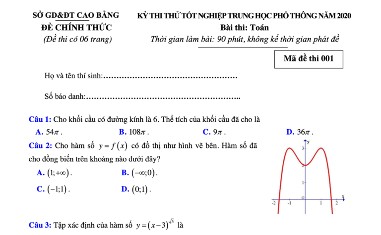 Đề thi thử tốt nghiệp THPT năm 2020 môn Toán sở GD&ĐT Cao Bằng