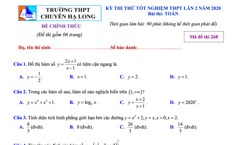 Đề thi thử – lời giải chi tiết kì thi tốt nghiệp THPT 2020 môn Toán lần 2 trường THPT chuyên Hạ Long – Quảng Ninh