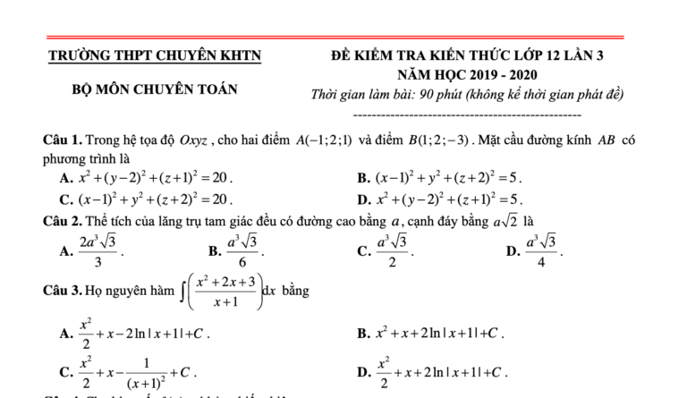 Đề kiểm tra kiến thức – lời giải chi tiết môn Toán 12 năm 2020 lần 3 trường chuyên KHTN – Hà Nội