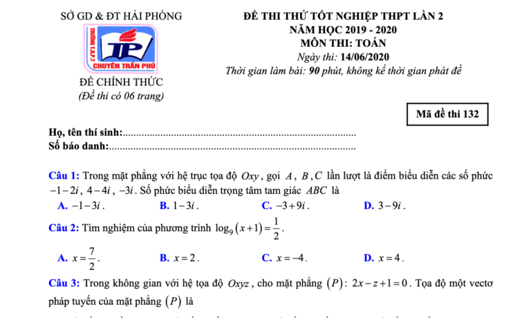 Đề thi thử – lời giải chi tiết tốt nghiệp THPT 2020 lần 2 môn Toán trường chuyên Trần Phú – Hải Phòng