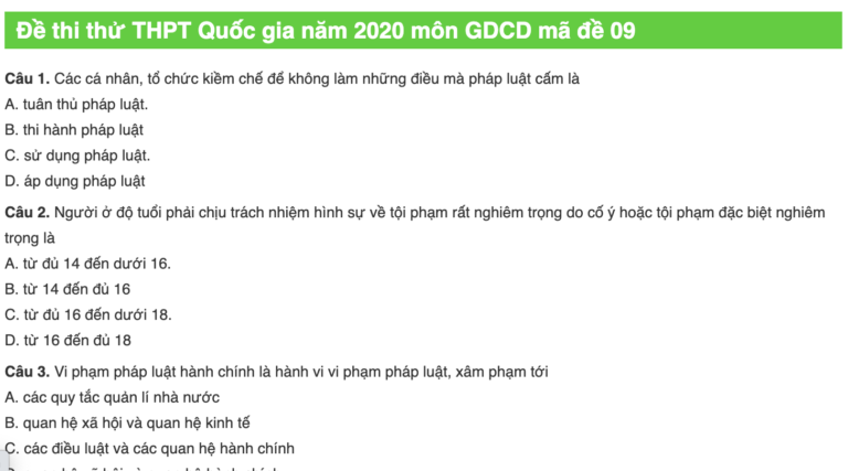 Đề thi thử THPT Quốc gia năm 2020 môn GDCD mã đề 09 (Có đáp án)