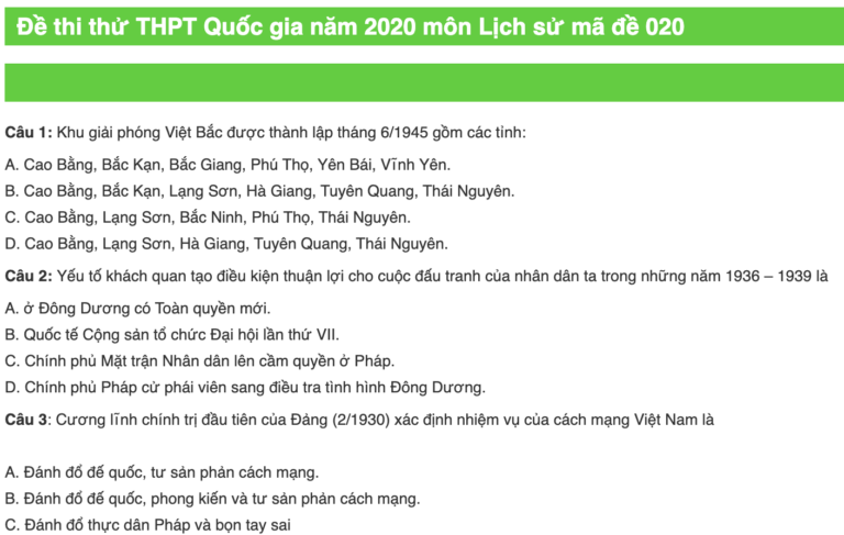 Đề thi thử THPT Quốc gia năm 2020 môn Lịch sử mã đề 020 (Có đáp án)