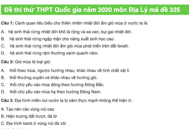 Đề thi thử THPT Quốc gia năm 2020 môn Địa Lý mã đề 325 (Có đáp án)