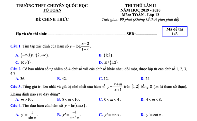 Đề thi thử – lời giải chi tiết tốt nghiệp THPT 2020 môn Toán lần 2 trường chuyên Quốc học Huế