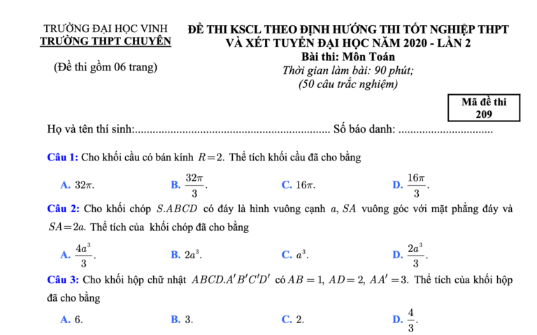 Đề thi thử – lời giải chi tiết tốt nghiệp THPT 2020 môn Toán lần 2 trường THPT chuyên ĐH Vinh – Nghệ An