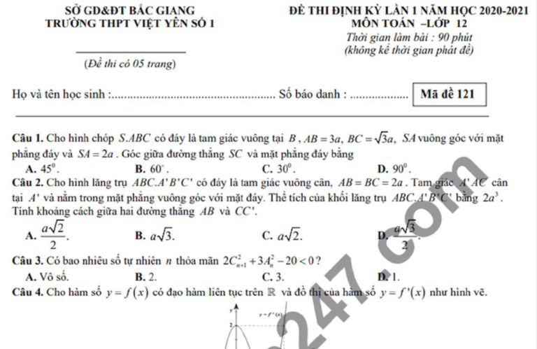 Đề thi – Đáp án KSCL lần 1 môn Toán lớp 12 năm 2021 THPT Việt Yên số 1