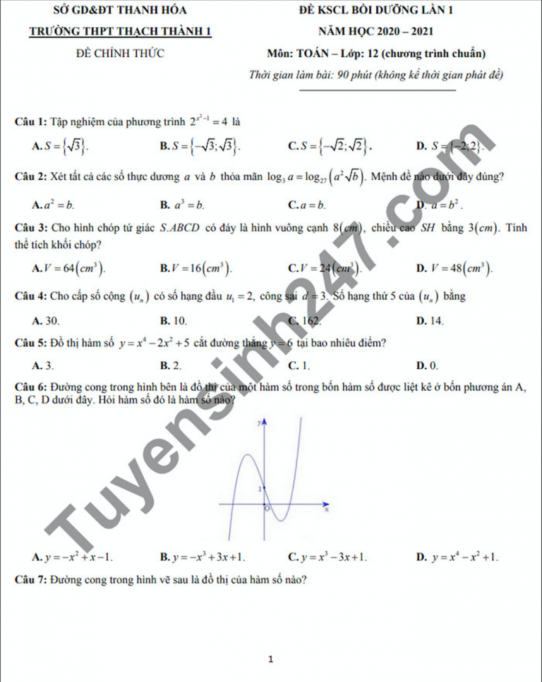 Đáp án đề thi KSCL lớp 12 môn Toán lần 1 THPT Thạch Thành 1 năm 2021