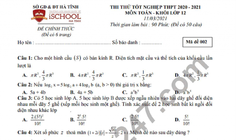 Đề thi thử tốt nghiệp THPT 2021 Toán lớp 12 trường ISchool-Hà Tĩnh