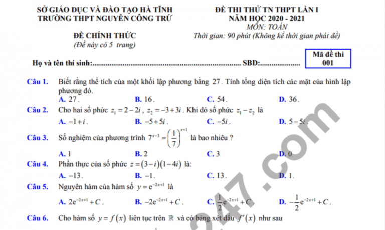 Đề thi thử tốt nghiệp THPT 2021 THPT Nguyễn Công Trứ môn Toán lần 1