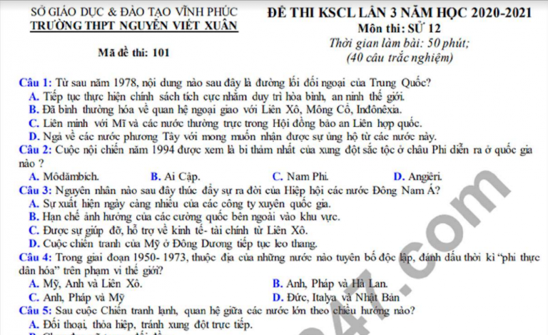 Đáp án đề khảo sát chất lượng 2021 lần 3 Sử lớp 12 THPT Nguyễn Viết Xuân