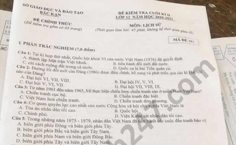 Đề thi học kì 2 Sở GD Bắc Kạn năm 2021 môn Sử lớp 12