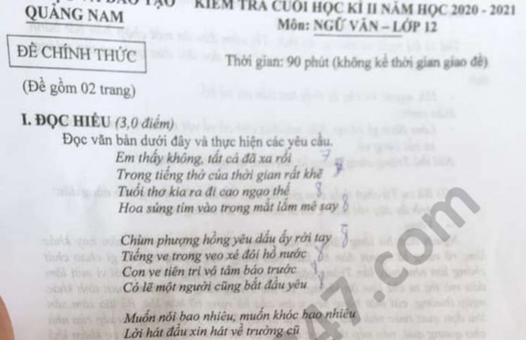 Đề thi học kì 2 năm 2021 môn Văn lớp 12 Sở GD Quảng Nam