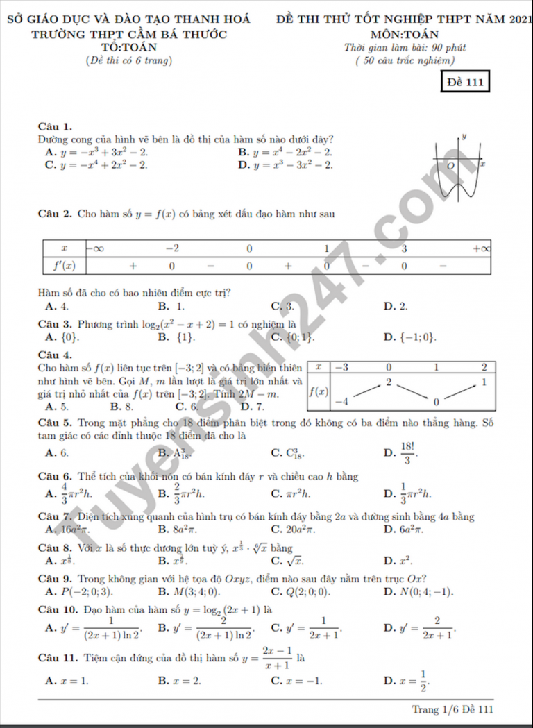Đề thi thử tốt nghiệp THPT 2021 THPT Cầm Bá Thước môn Toán – có đáp án