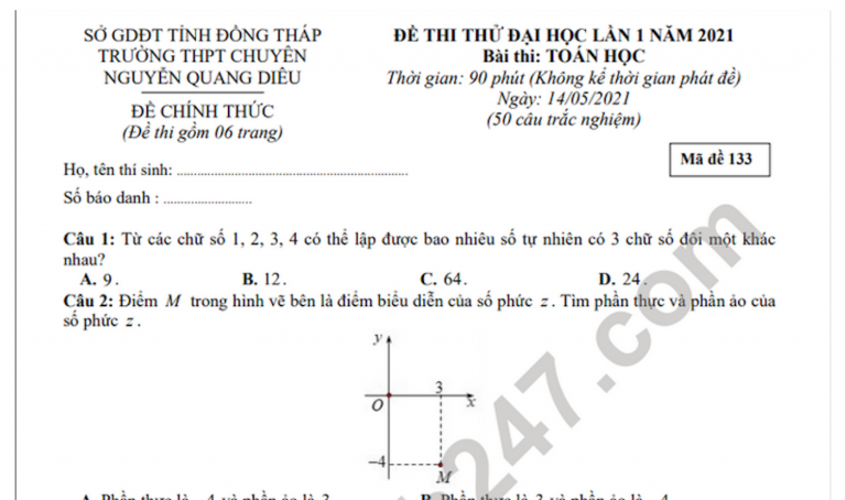 Đề thi thử đại học lần 1 2021 môn Toán THPT chuyên Nguyễn Quang Diêu