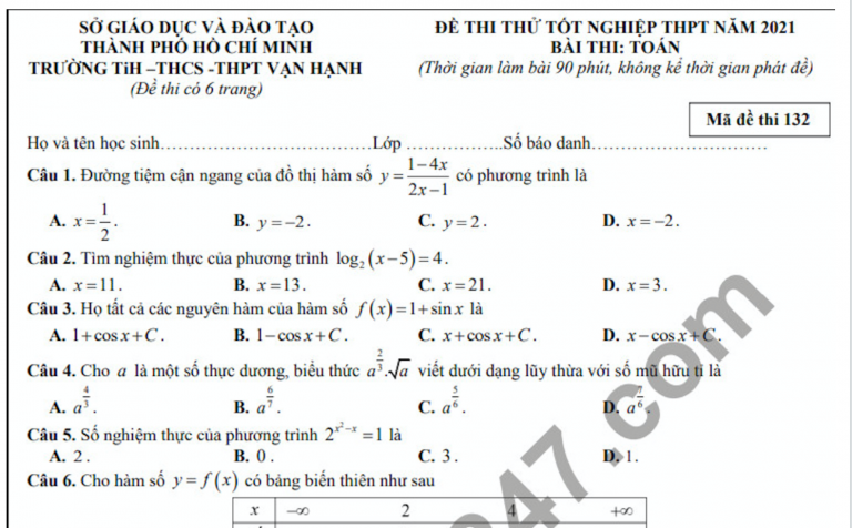 Đề thi thử môn Toán tốt nghiệp THPT 2021 TH-THCS-THPT Vạn Hạnh