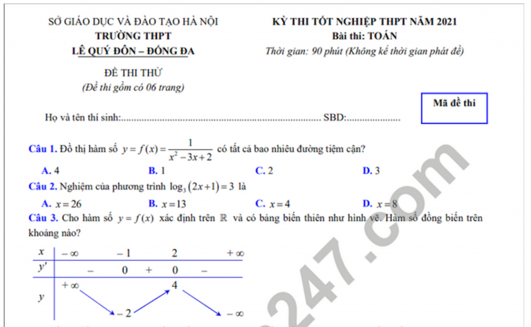 Đề thi thử tốt nghiệp THPT 2021 THPT Lê Quý Đôn môn Toán